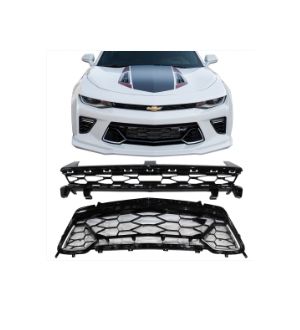 Ikon Motorsports Fits 16-18 Chevy Camaro 50th Anniversay Black Front Upper + Lower Grille 2Pc