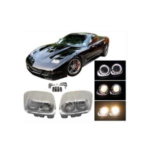 Ikon Motorsports 97-04 Chevy Corvette C5 Headlights Projector Lamp Black Dual LED Halo Rims