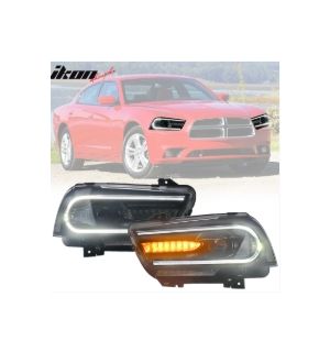 Ikon Motorsports Fits 11-14 Dodge Charger LED DRL Sequential Turn Signal Projector Headlights 2PC