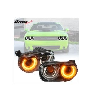 Ikon Motorsports Fits 15-20 Dodge Challenger Sequential LED Halo DRL Projector Headlights Pair