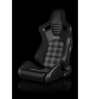 BRAUM ELITE-S SERIES SPORT SEATS - BLACK & GREY PLAID (GREY STITCHING) PAIR Universal - Planted Seat Bases and Mounting Hardware - 2015+ WRX / 2015+ STI
